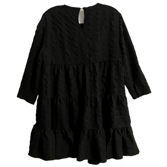 ZARA Women’s Black Seersucker 3/4-Sleeved Tiered Mini Dress Medium Peasant Boho - Picture 2 of 7